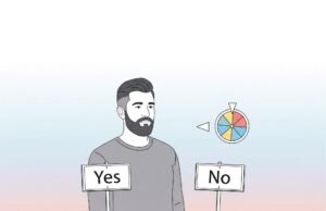 Simplifying Daily Decisions: How the Yes or No Wheel Helps You Escape Choice Overload Minimalist illustration of a person choosing between yes and no at a fork in the road, symbolizing clear decision-making using a Yes or No Wheel.