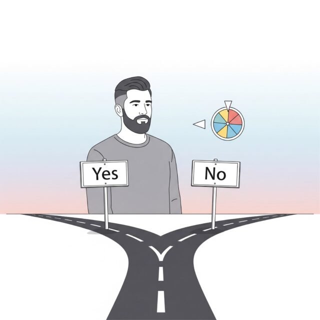 Minimalist illustration of a person choosing between yes and no at a fork in the road, symbolizing clear decision-making using a Yes or No Wheel.