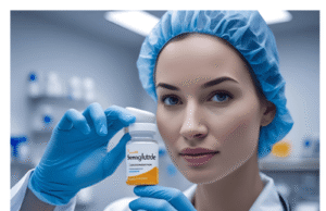 Semaglutide Georgia: A Game-Changer for Weight Loss and Diabetes Care Female doctor in a lab coat and blue gloves holding a bottle labeled "Semaglutide" in a medical laboratory, highlighting the medication used for weight loss and diabetes treatment.