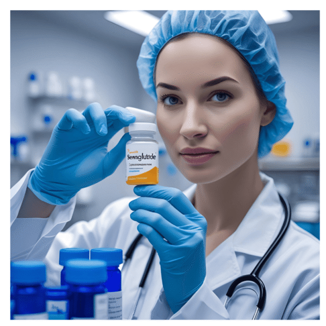 Female doctor in a lab coat and blue gloves holding a bottle labeled "Semaglutide" in a medical laboratory, highlighting the medication used for weight loss and diabetes treatment.