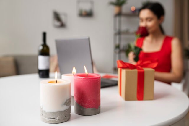 Lit soy candles with gift box and woman holding rose in background